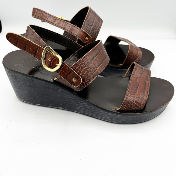 Ancient Greek Leather Brown Strappy Heel Strap Wedge Sandals Crocodile Size 39 - Picture 1 of 7